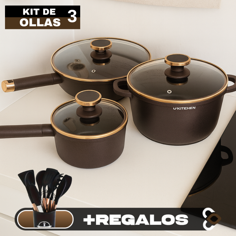 Conjunto Completo de 3 Ollas en Acero Inox Antideslizante con Mango de Madera +REGALO: Kit de Utensilios de Cocina