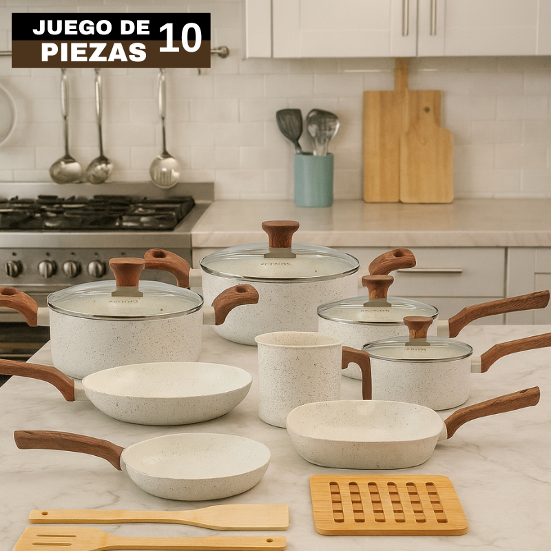 Conjunto Completo de 10 Piezas en Acero Inoxidable con Revestimiento de Cerámica y Mangos de Madera