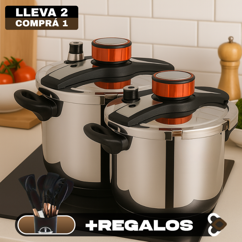 [Llevá 2 Pagá 1] Olla a Presión Supor con 3 Capas de Acero Inoxidable y Manijas Revestidas en Goma | Seguridad Total para tu Cocina + Juego de Utensilios de Cocina