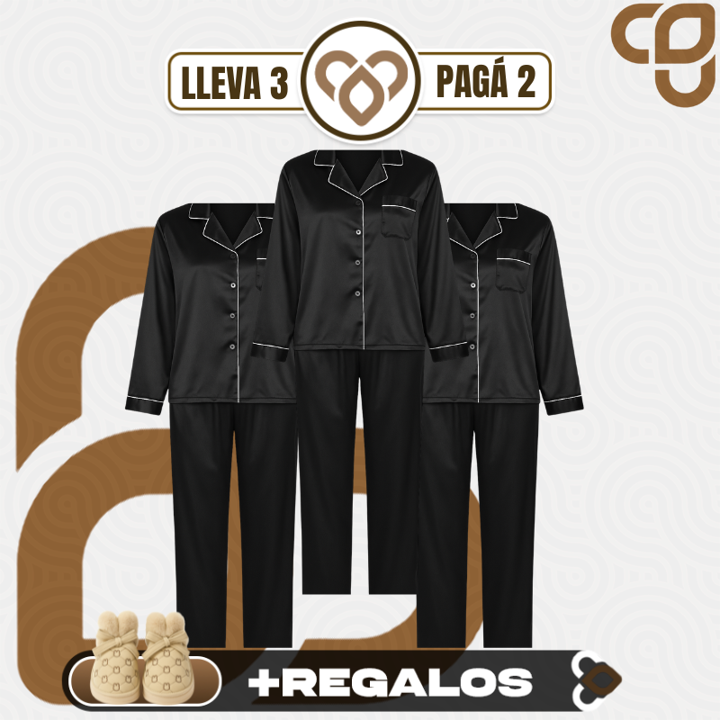 [Llevá 3 Pagá 2] Pijama Femenino en Satén y Seda Hielo (Confort y Suavidad Únicos) + Pantufas de Regalo