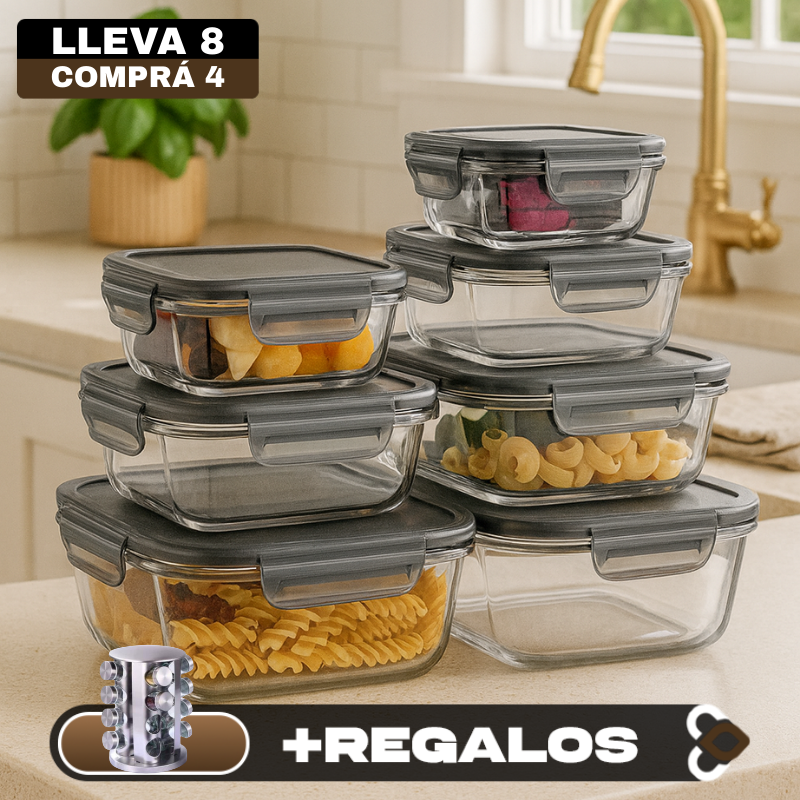 [PAGÁ 4 LLEVÁ 8] Conjunto de Recipientes de Vidrio con Tapa Antiderrame + REGALO: Porta Condimentos