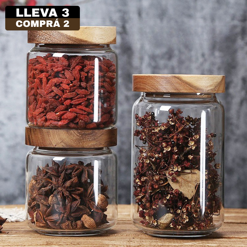 Conjunto de Potes Herméticos Organizadores en Vidrio con Tapa de Roble de Alta Hermeticidad