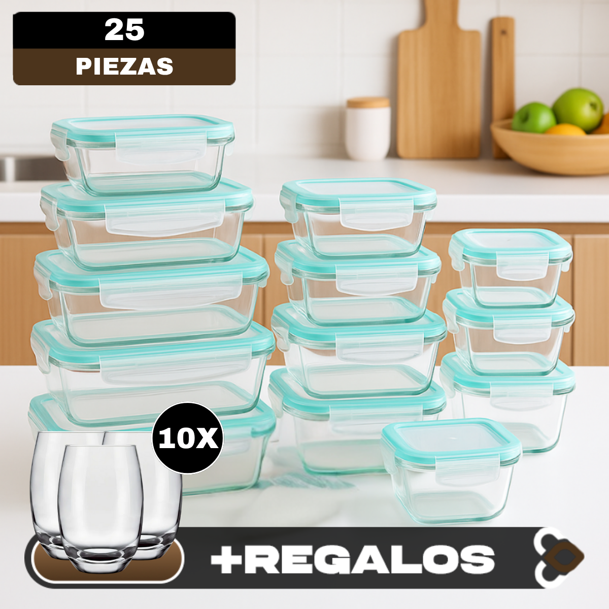 Kit de 15 Potes Herméticos de Vidrio +  Regalos: 10 Vasos de Vidrio Aruba