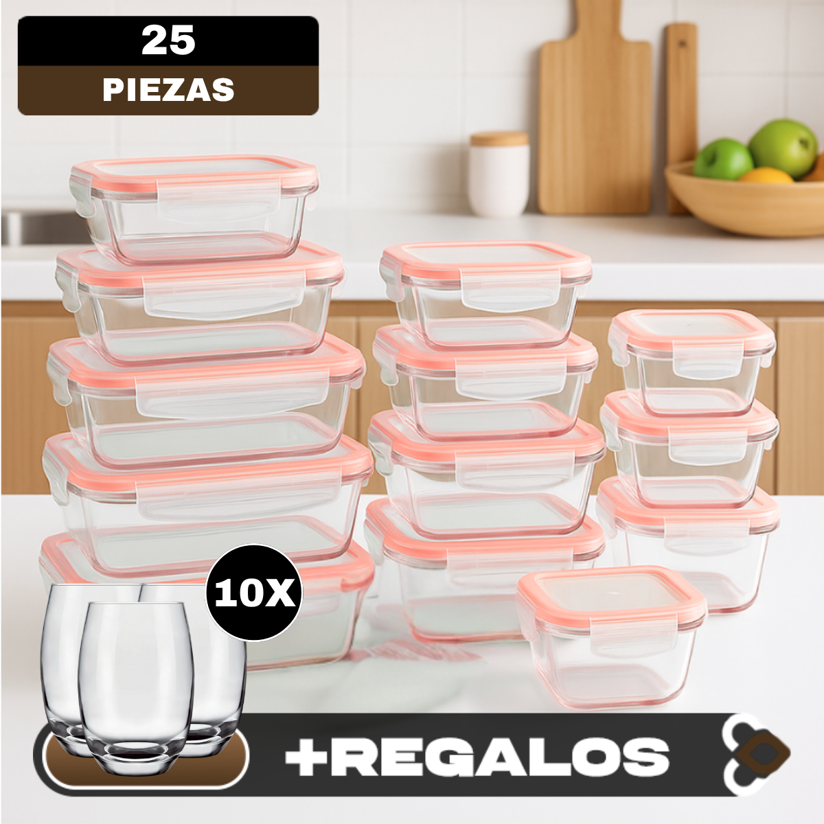 Kit de 15 Potes Herméticos de Vidrio +  Regalos: 10 Vasos de Vidrio Aruba